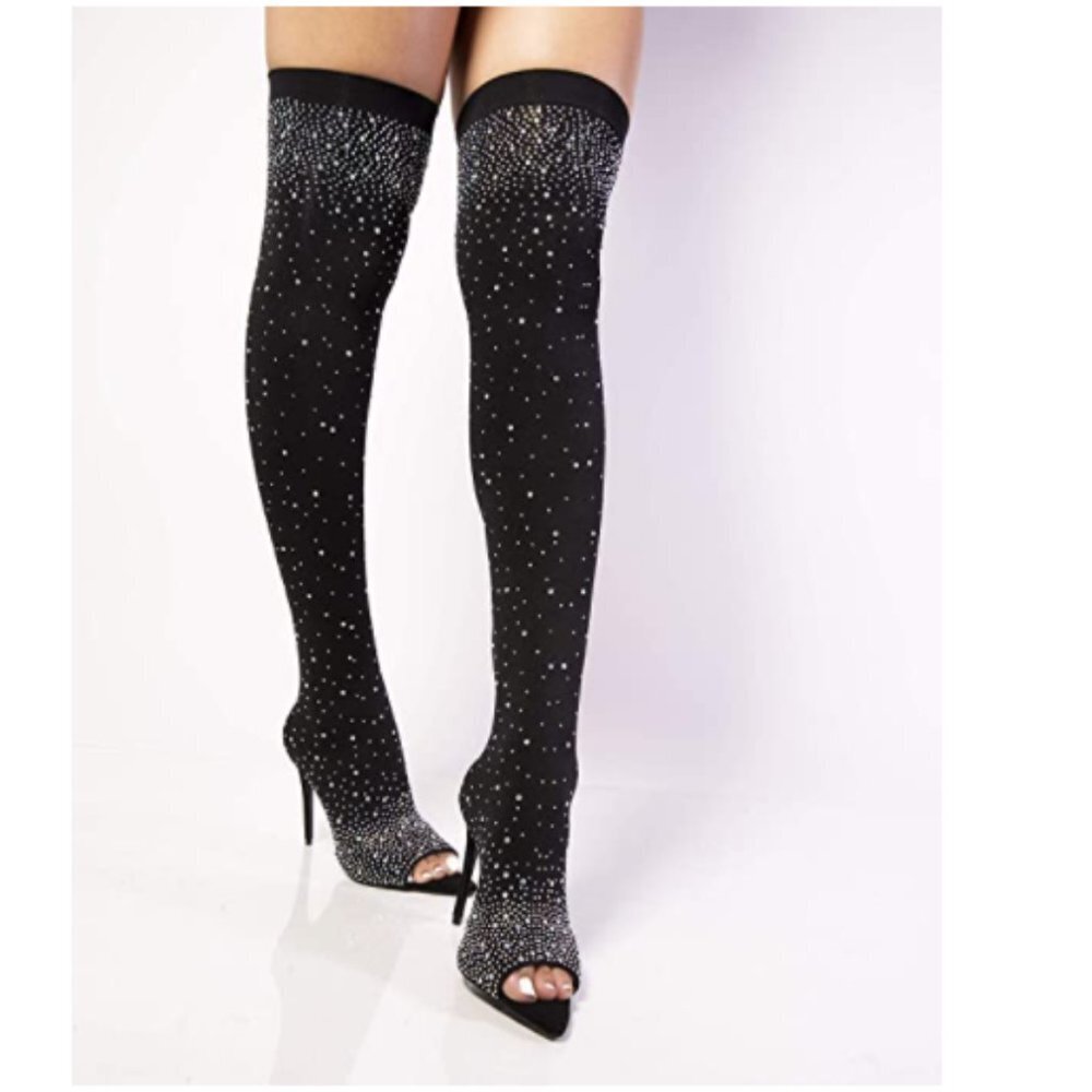 THIGH HIGH GLAM BLACK BOOTS SIZE 6-10 - Picture 2 of 3